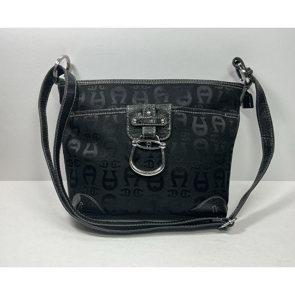 Etienne Aigner Black Logo Canvas Handbag Purse Shoulder Bag Crossbody‎ Classy